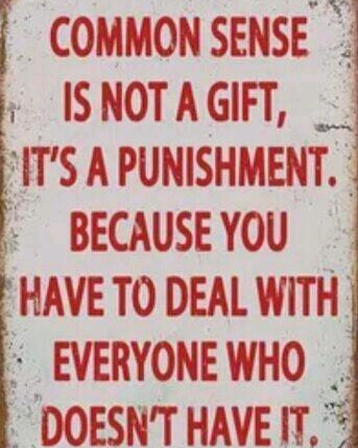 COMMON SENSE IS NOT A GIFT, IT'S A PUNISHMENT. BECAUSE YOU HAVE TO DEAL WITH EVERYONE WHO DOESN'T HAVE IT.