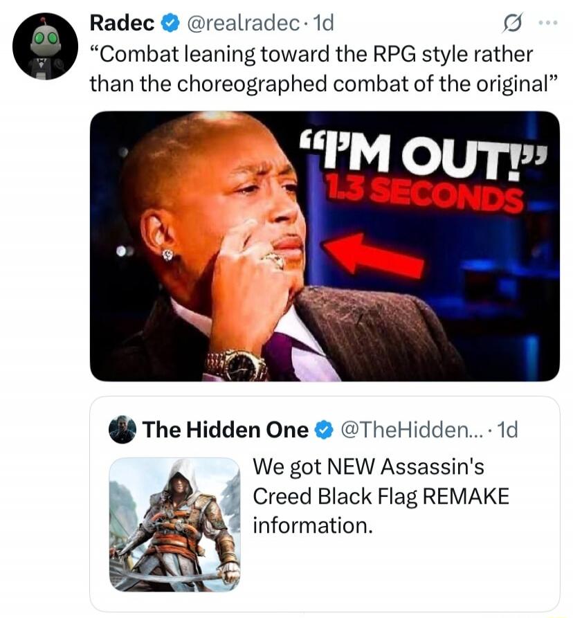 Combat leaning toward the RPG style rather than the choreographed combat of the original. I'M OUT! 1.3 SECONDS. We got NEW Assassin's Creed Black Flag REMAKE information.