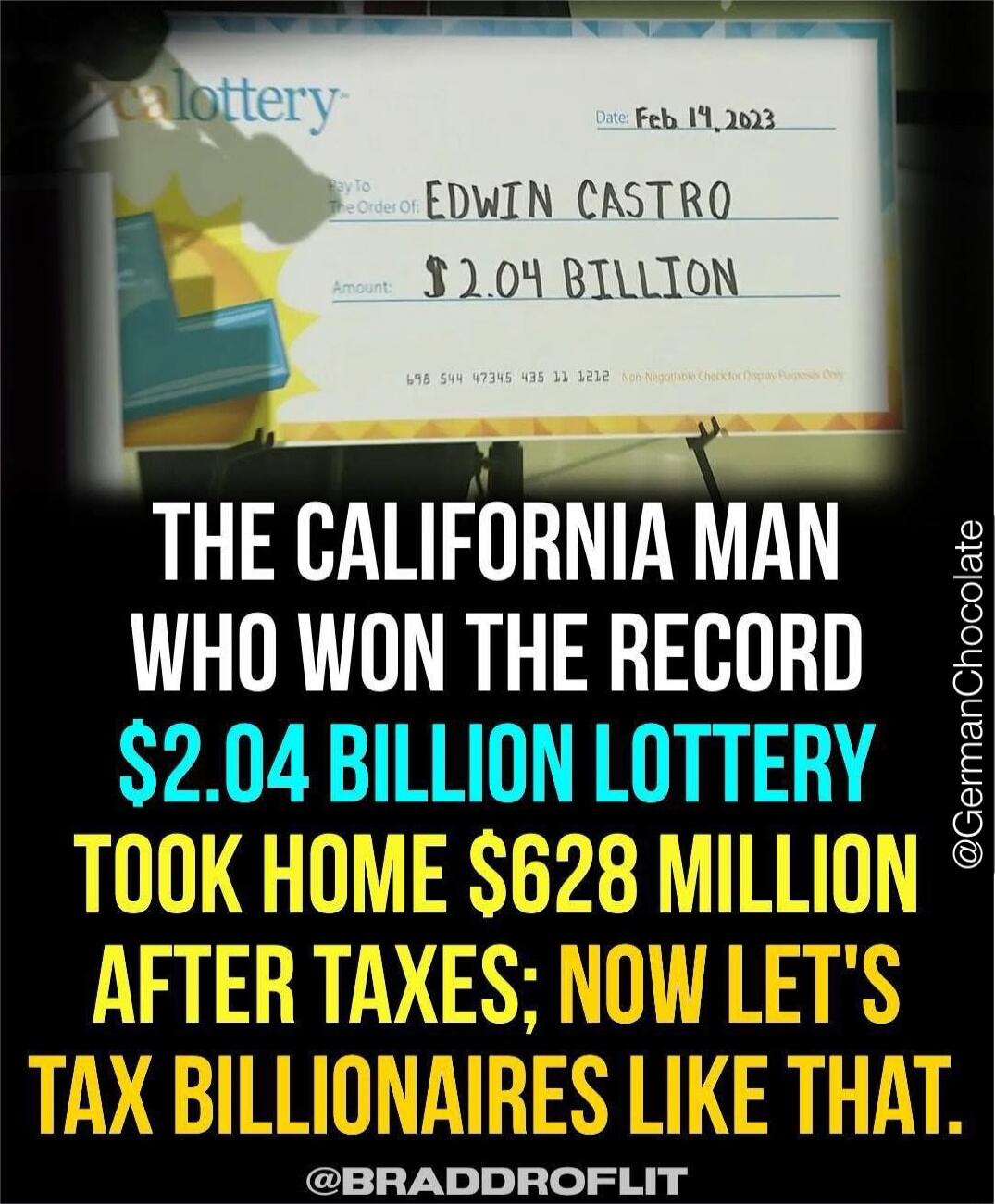 THE CALIFORNIA MAN WHO WON THE RECORD $2.04 BILLION LOTTERY TOOK HOME $628 MILLION AFTER TAXES; NOW LET'S TAX BILLIONAIRES LIKE THAT.