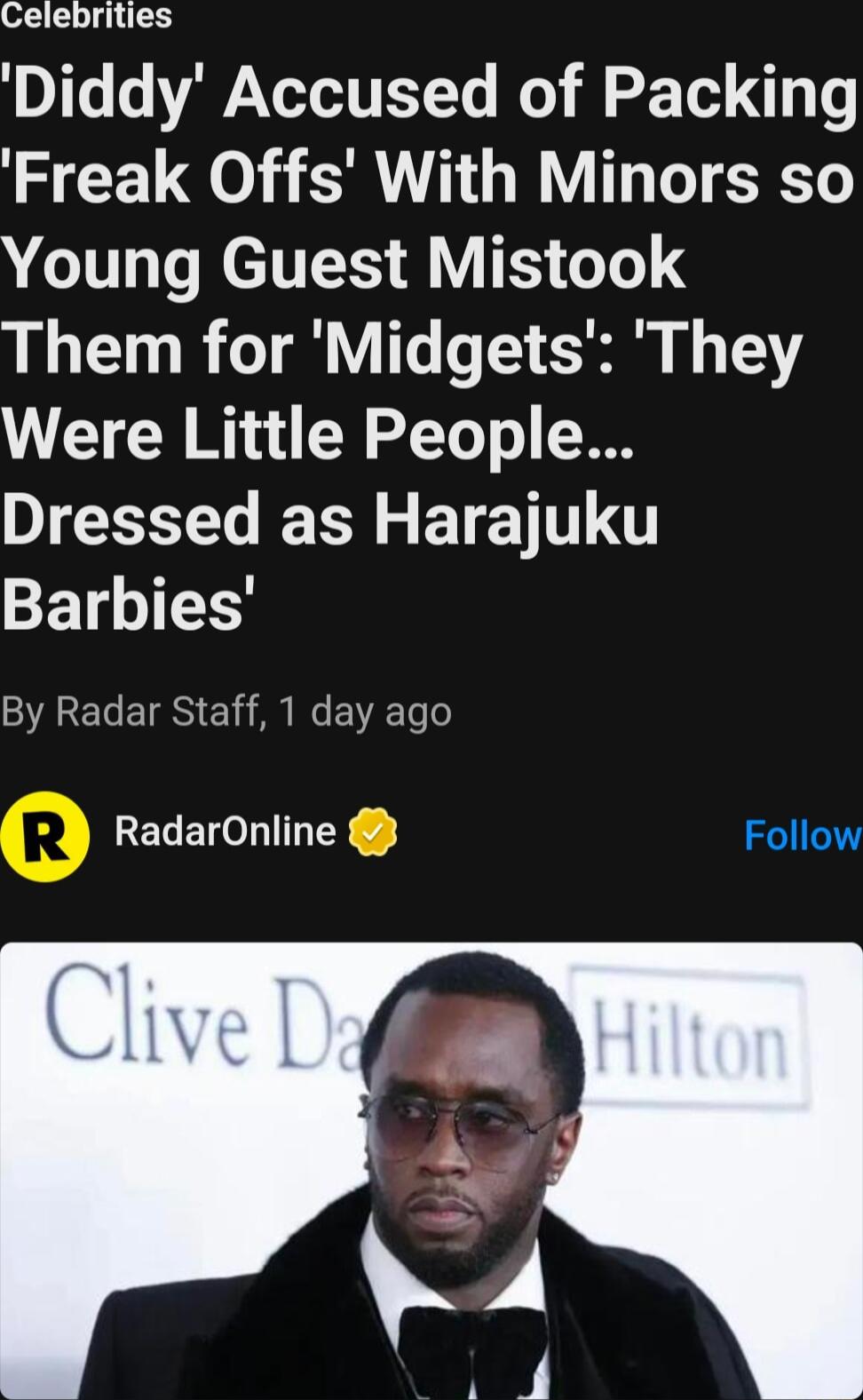 Celebrities Diddy Accused of Packing 5 L0 SR T WY T 3T Young Guest Mistook Them for Midgets They LT 0 20T o S0 DT LY g BT CETGIEES SARELEIRS Ei N BV RELENNINEY Follow