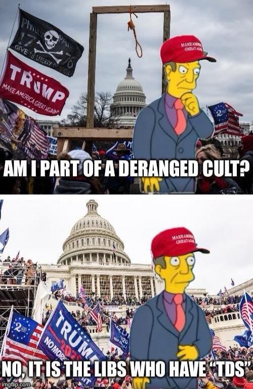 AM I PART OF A DERANGED CULT?
NO, IT IS THE LIBS WHO HAVE 'TDS'