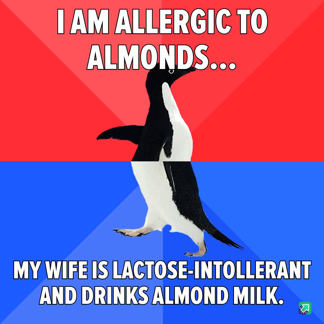 IAMALLERGIC TO ALMONDS MY WIEEIS IACTOSE iiITOILERANT ANDIDRINKSALMOND MILK