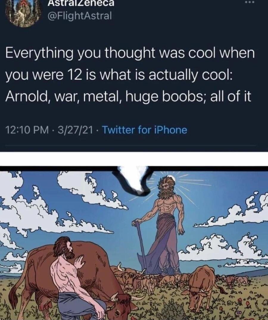 AStralLencca Gl ESE Everything you thought was cool when you were 12 is what is actually cool Arnold war metal huge boobs all of it 1210 PM 32721
