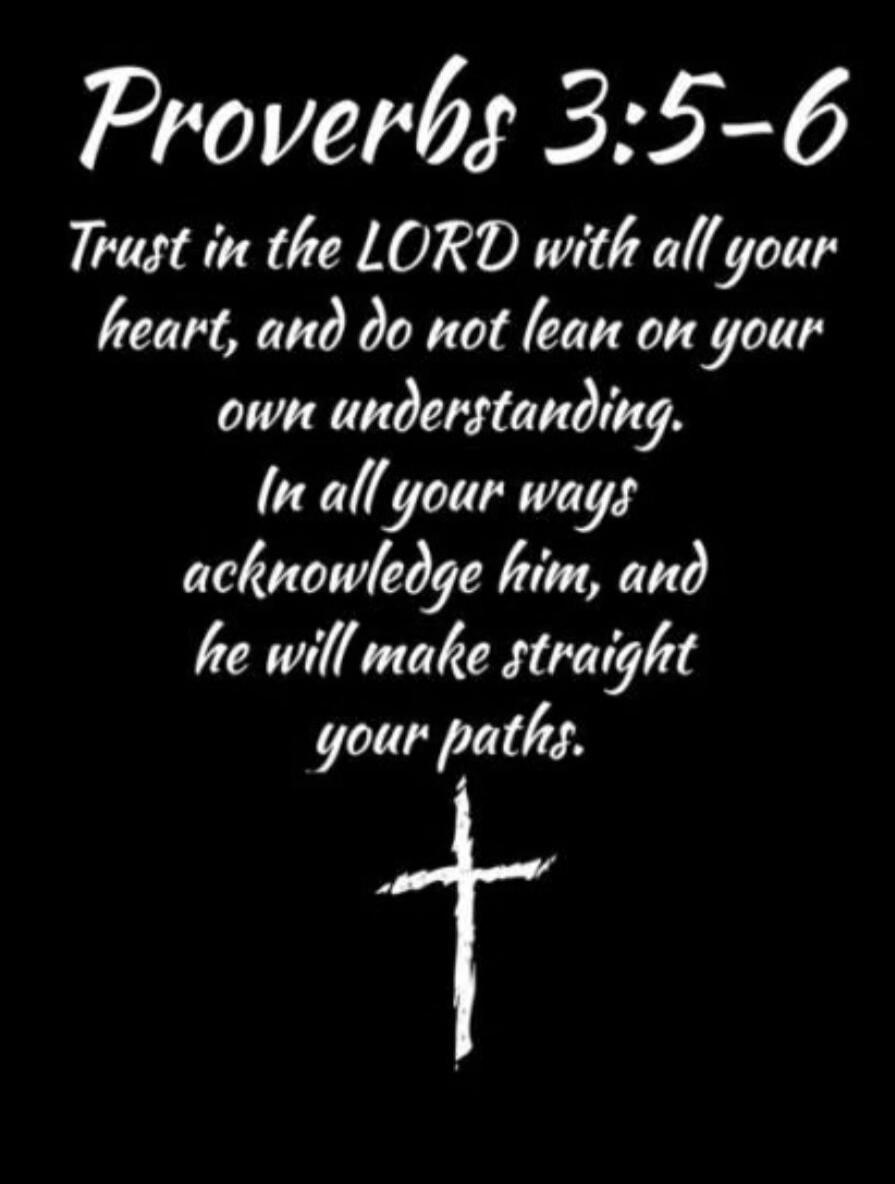 Proverbs 3:5-6 Trust in the LORD with all your heart, and do not lean on your own understanding. In all your ways acknowledge him, and he will make straight your paths.