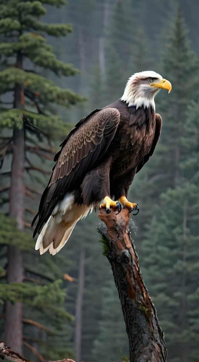 A bald eagle perched on a broken tree branch in a forest, with a white head, dark brown body, and yellow beak and talons.