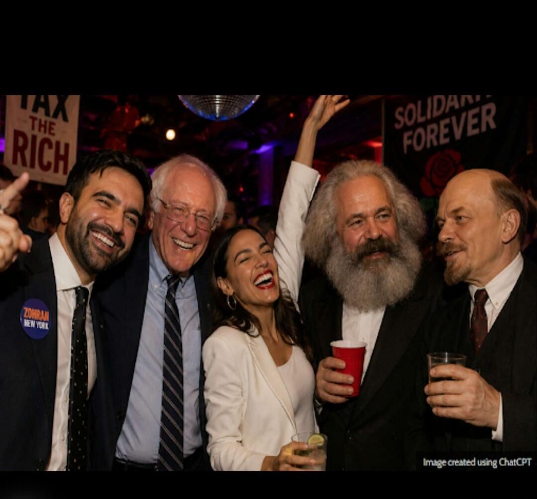 A group of people, including Zohran Mamdani, Bernie Sanders, Alexandria Ocasio-Cortez, Karl Marx, and Vladimir Lenin, are smiling and laughing at a party. Banners in the background read 'TAX THE RICH' and 'SOLIDARITY FOREVER'. A pin on Zohran's lapel says 'ZOHRAN NEW YORK'. The image was created using ChatGPT.