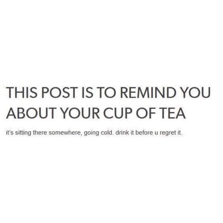 THIS POST IS TO REMIND YOU ABOUT YOUR CUP OF TEA its siting there somewhere going cold drink it before u regret it
