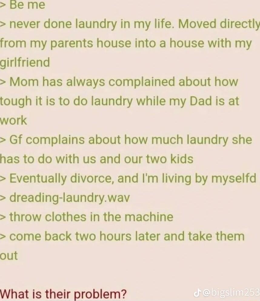 be me never done laundry in my life Moved directly from my parents house into a house with my girlfriend Mom has always complained about how tough it is to do laundry while my Dad is at work Gf complains about how much laundry she has to do with us and our two kids Eventually divorce and Im living by myselfd dreading laundrywav throw clothes in the machine come back two hours later and take them o