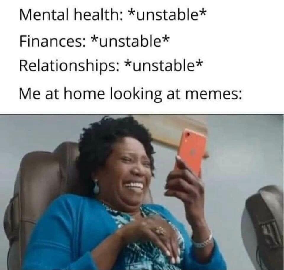 Mental health: *unstable*
Finances: *unstable*
Relationships: *unstable*
Me at home looking at memes: