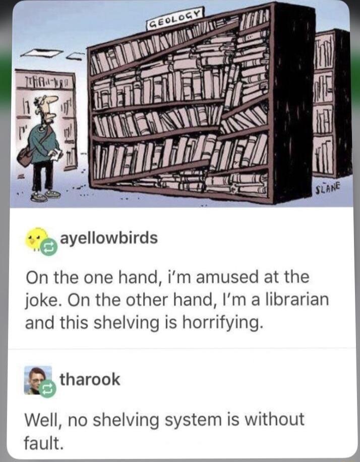 7 ayellowbirds On the one hand im amused at the joke On the other hand Im a librarian and this shelving is horrifying tharcuk Well no shelving system is without fault