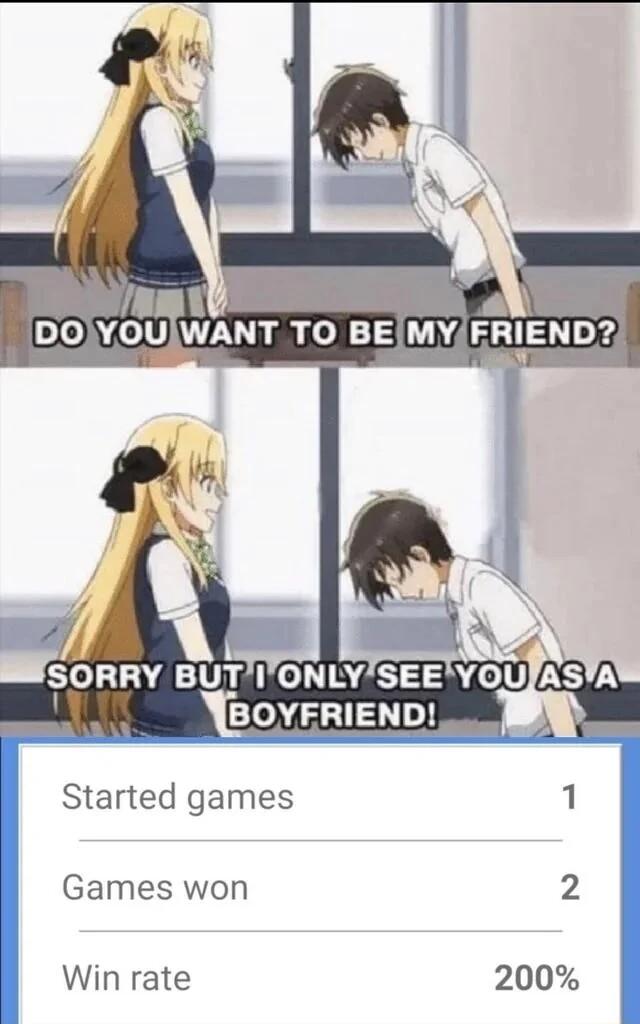 vV ANT TO BEMYERIEND Started games 1 Games won 2 Win rate 200