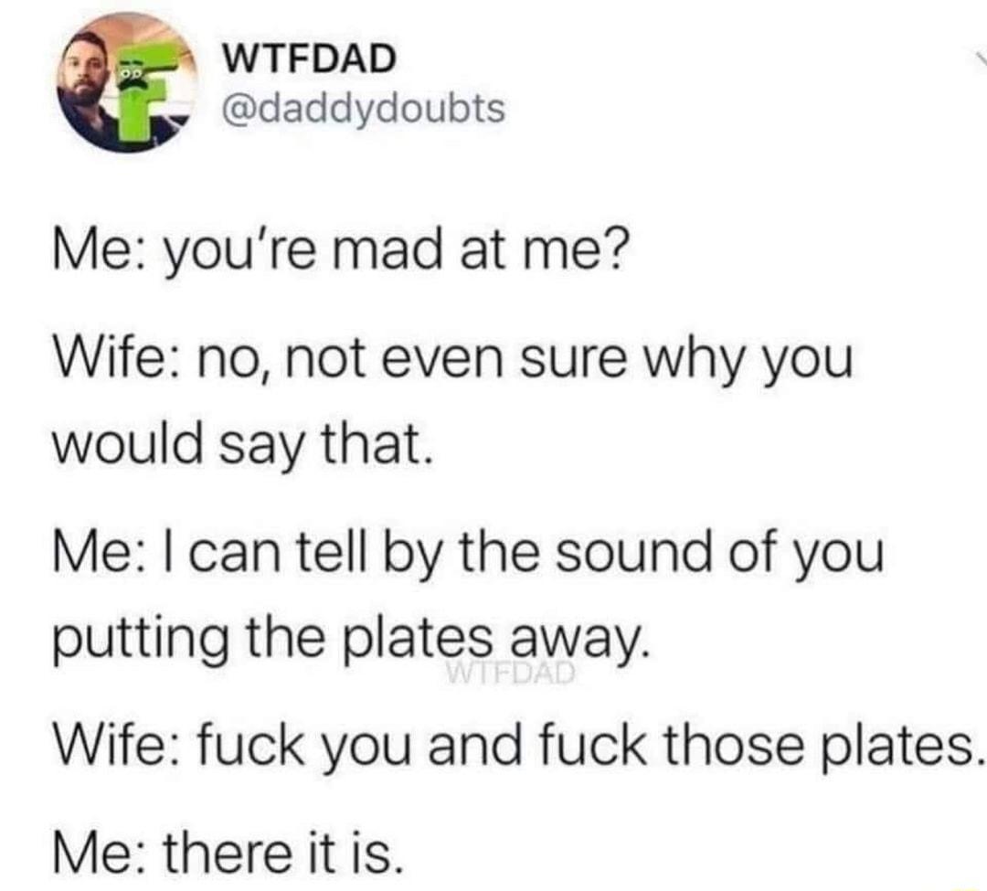 WTFDAD daddydoubts Me youre mad at me Wife no not even sure why you would say that Me can tell by the sound of you putting the plates away Wife fuck you and fuck those plates Me there it is