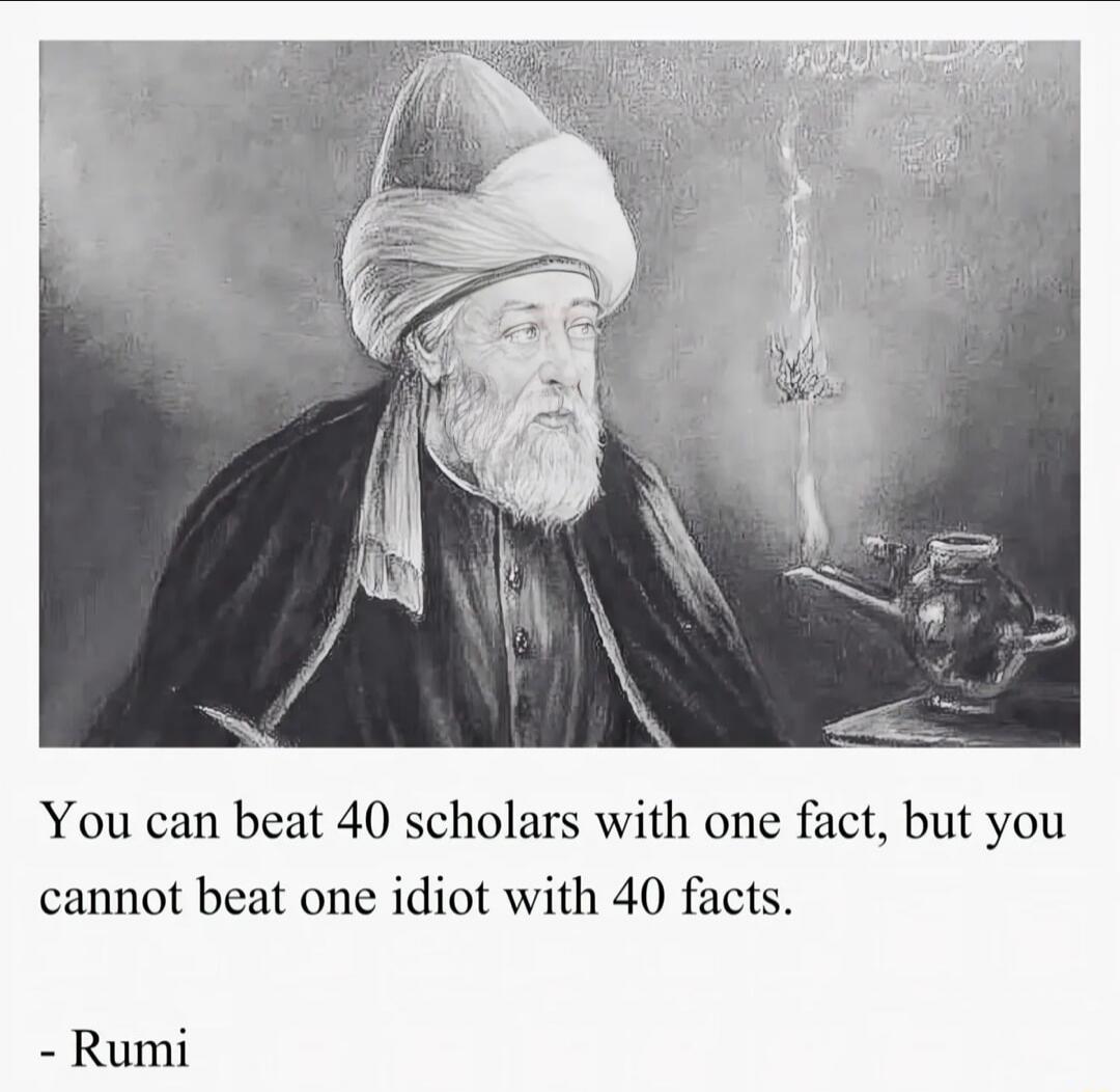 You can beat 40 scholars with one fact, but you cannot beat one idiot with 40 facts. - Rumi
