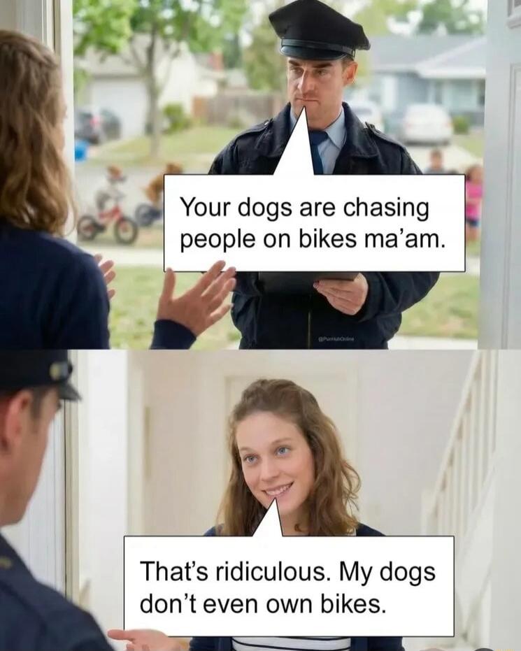 Your dogs are chasing people on bikes ma'am.
That's ridiculous. My dogs don't even own bikes.