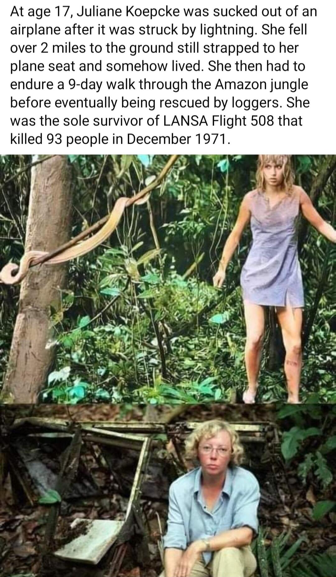 At age 17 Juliane Koepcke was sucked out of an airplane after it was struck by lightning She fell over 2 miles to the ground still strapped to her plane seat and somehow lived She then had to endure a 9 day walk through the Amazon jungle before eventually being rescued by loggers She was the sole survivor of LANSA Flight 508 that killed 93 people in December 1971 AEVAY