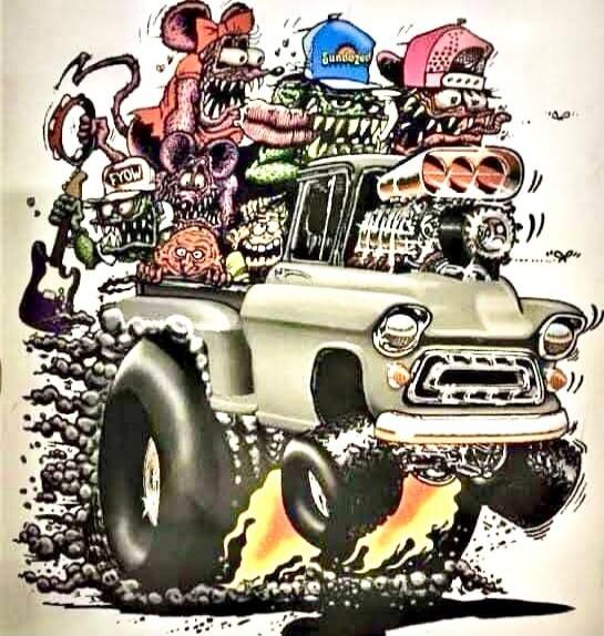 Cartoon of a wild monster truck carrying various animals with flames shooting from the tires.