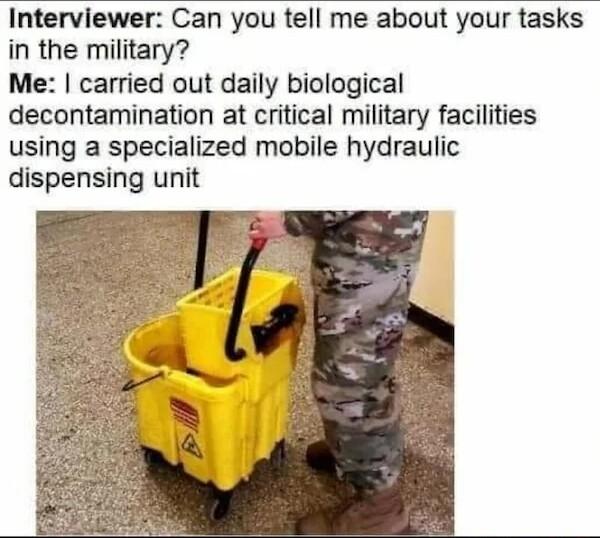 Interviewer Can you tell me about your tasks in the military Me carried out daily biological decontamination at critical military facilities using a specialized mobile hydraulic dispensing unit