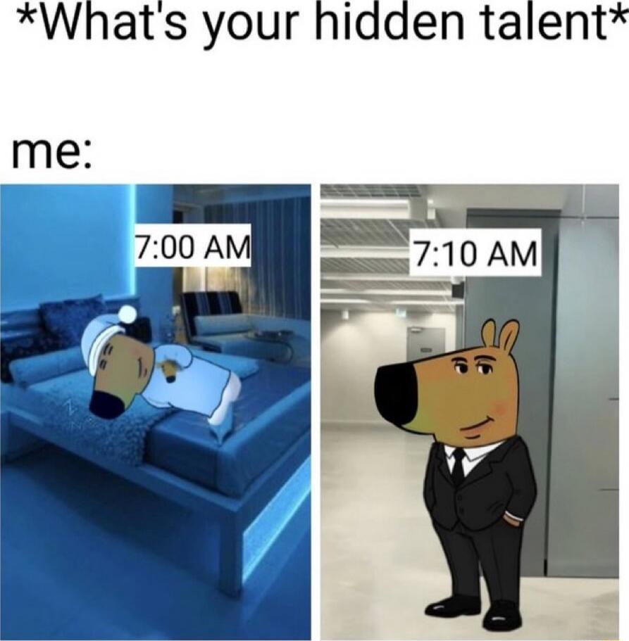*What’s your hidden talent*
me:
7:00 AM (image of dog sleeping on a bed)
7:10 AM (image of dog in a suit standing in a hallway)