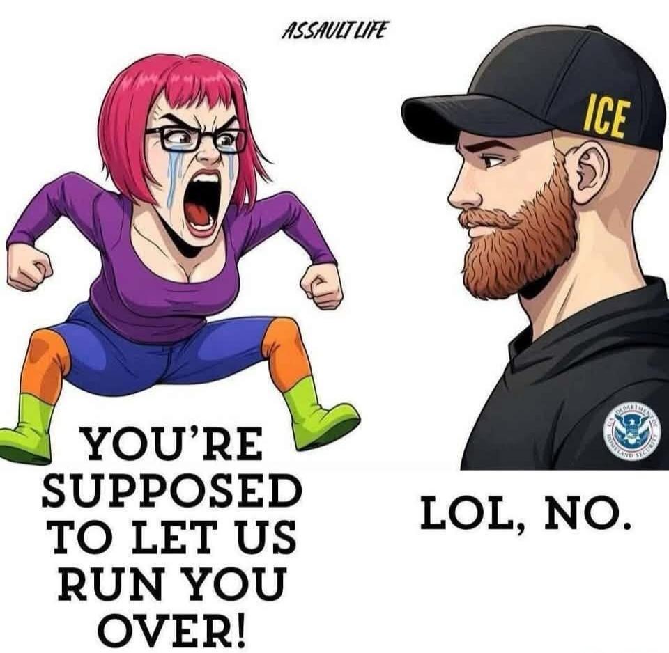 ASSAULT LIFE YOU'RE SUPPOSED TO LET US RUN YOU OVER! LOL, NO. ICE U.S. DEPARTMENT OF HOMELAND SECURITY