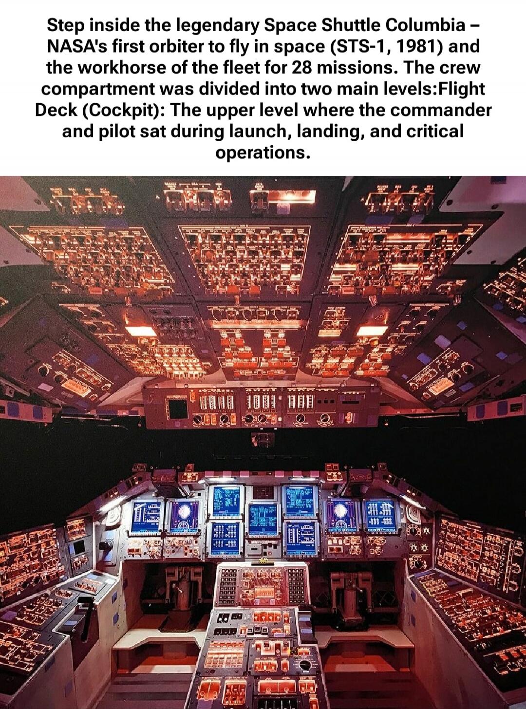 Step inside the legendary Space Shuttle Columbia – NASA's first orbiter to fly in space (STS-1, 1981) and the workhorse of the fleet for 28 missions. The crew compartment was divided into two main levels:Flight Deck (Cockpit): The upper level where the commander and pilot sat during launch, landing, and critical operations.