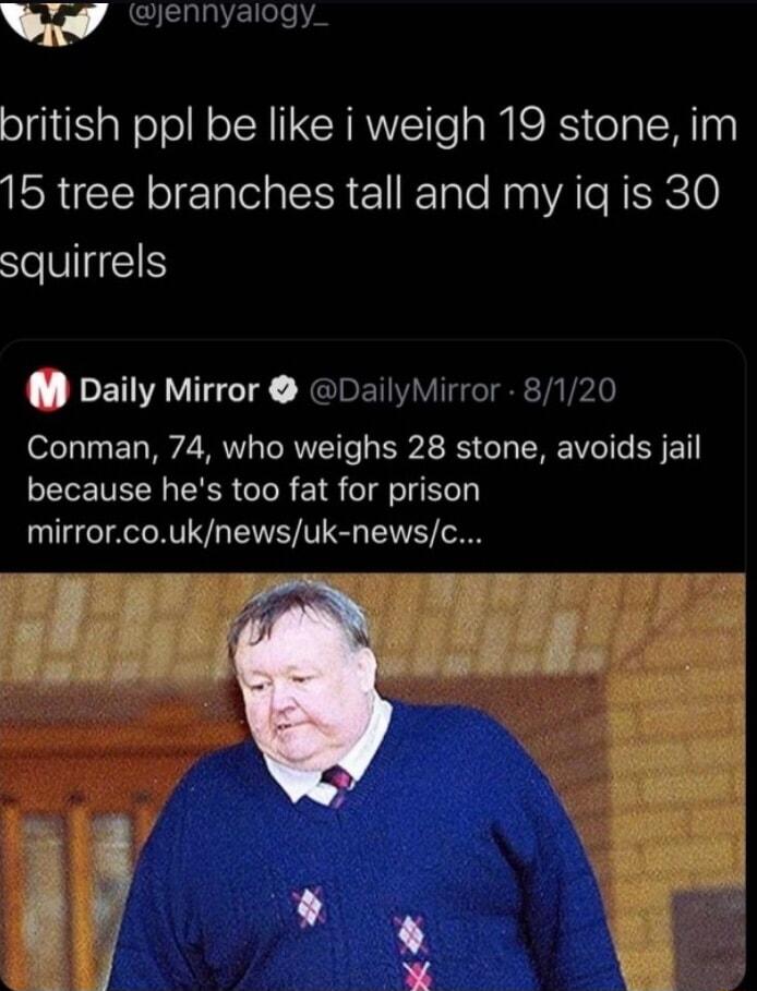 gy british ppl be like i weigh 19 stone im ISRICEN T Taea R Tale Naa AT HERE0 squirrels M Daily Mirror DailyMirror 8120 Conman 74 who weighs 28 stone avoids jail because hes too fat for prison mirrorcouknewsuk newsc