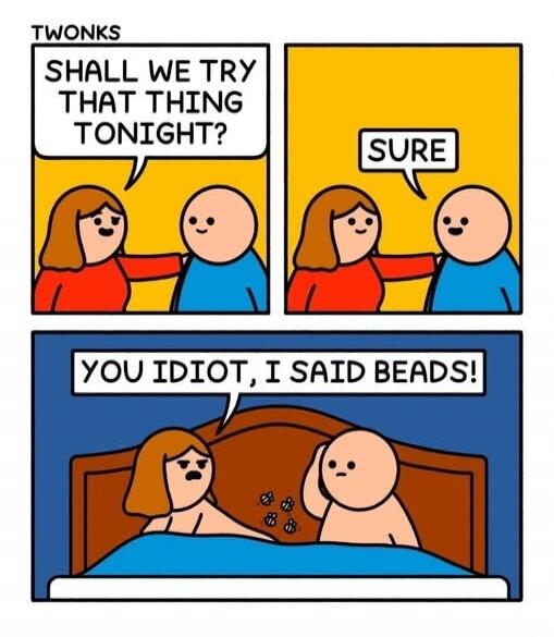 TWONKS. SHALL WE TRY THAT THING TONIGHT? SURE. YOU IDIOT, I SAID BEADS!
