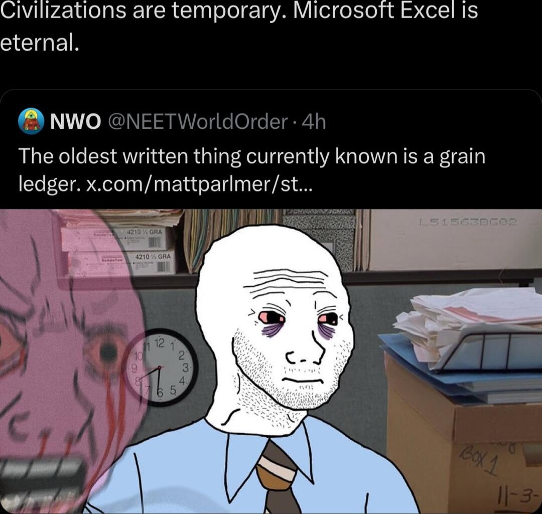 Civilizations are temporary Microsott Excel is ST NWO NEET The oldest written thing currently known is a grain ledger xcommattparlmerst