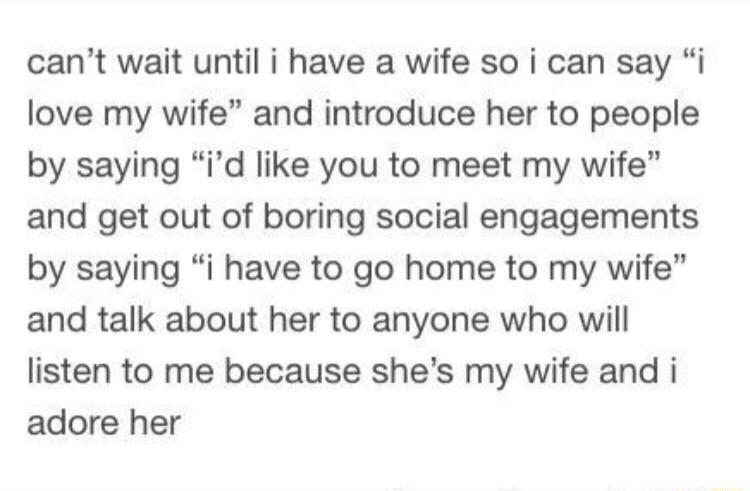 cant wait until i have a wife so i can say i love my wife and introduce her to people by saying id like you to meet my wife and get out of boring social engagements by saying i have to go home to my wife and talk about her to anyone who will listen to me because shes my wife and i adore her