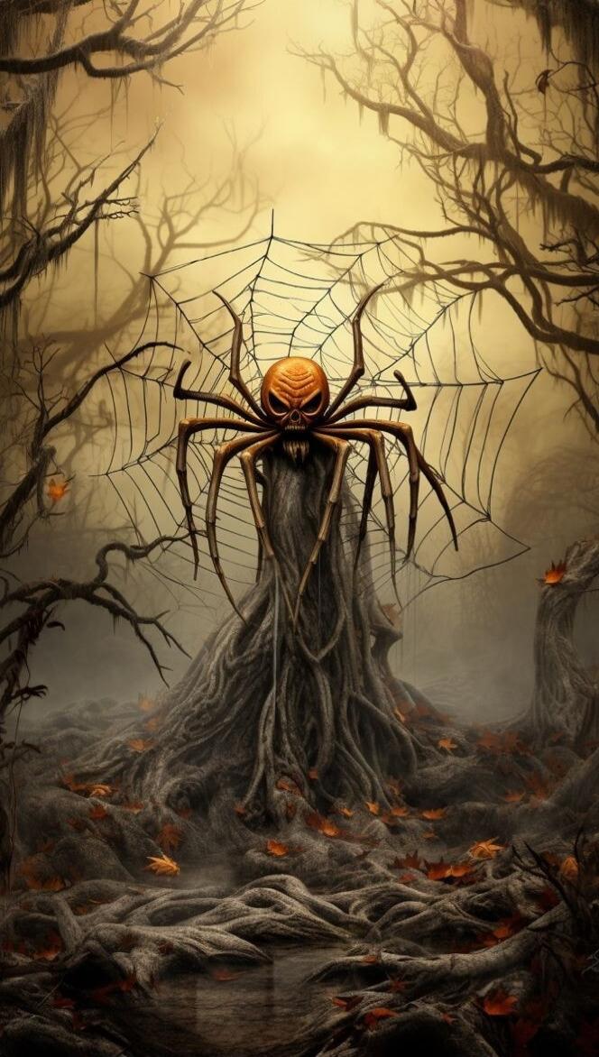A pumpkin-headed spider creature standing in a twisted forest with a large spider web behind it. The scene is dark, eerie, and Halloween-themed.