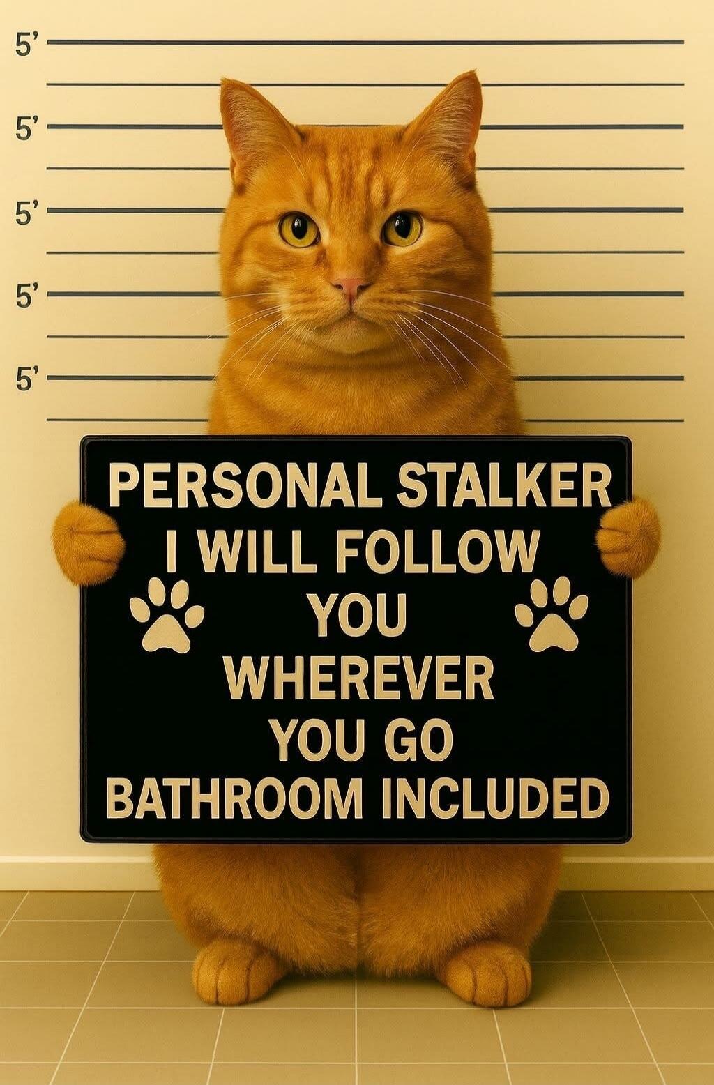 PERSONAL STALKER I WILL FOLLOW YOU WHEREVER YOU GO BATHROOM INCLUDED. A fluffy orange cat is depicted in a mugshot-style photo, standing against a height chart marked '5''. The cat is holding a black sign with white text.