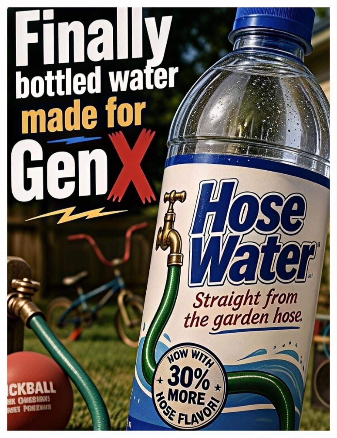 Finally bottled water made for Gen X. Hose Water. Straight from the garden hose. Now with 30% more hose flavor! ICKBALL.