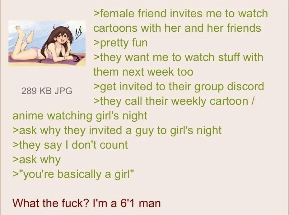 i Anonymous 051022Tue010507 No68561944 female friend invites me to watch cartoons with her and her friends pretty fun they want me to watch stuff with them next week too seoka PG getinvited to their group discord they call their weekly cartoon anime watching girls night ask why they invited a guy to girls night they say dont count ask why youre basically a girl What the fuck Im a 61 man