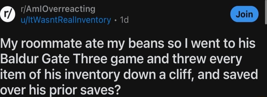 D s soin VIR EERIGEE G GT R ECTN TN EICET RV EER S IVER IS G1 Baldur Gate Three game and threw every item of his inventory down a cliff and saved over his prior saves