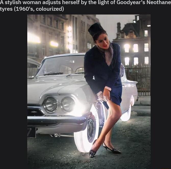A stylish woman adjusts hersetr by the ight of Goodyears Neothane tyres 1960s colourized