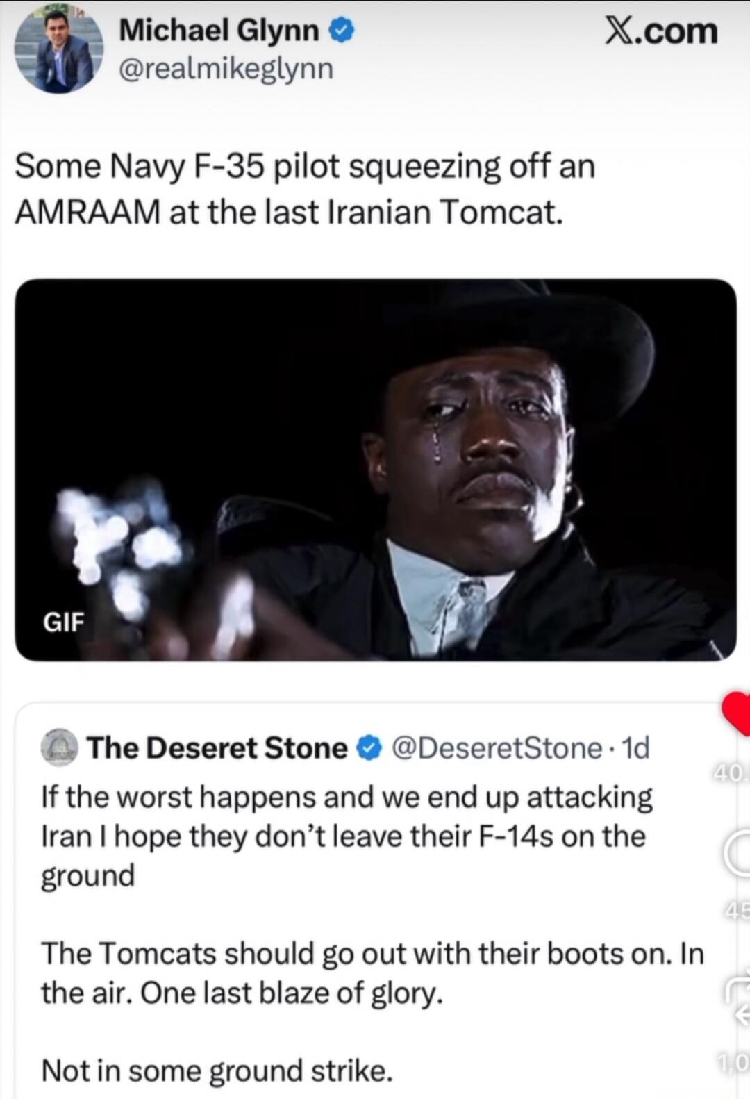 Michael Glyn@realmikelynn Some Navy F-35 pilot squeezing off an AMRAAM at the last Iranian Tomcat. GIF The Deseret Stone@DeseretStone: If the worst happens and we end up attacking Iran I hope they don’t leave their F-14s on the ground. The Tomcats should go out with their boots on. In the air. One last blaze of glory. Not in some ground strike.