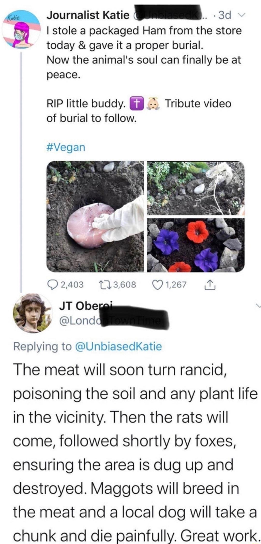 stole a packaged Ham from the store today gave it a proper burial Now the animals soul can finally be at peace E Journalist Katie 3d RIP little buddy lg Tribute video of burial to follow Vegan 2403 1713608 1267 a5 gLoorde_ Reying to UnbiasedKatie The meat will soon turn rancid poisoning the soil and any plant life in the vicinity Then the rats will come followed shortly by foxes ensuring the area 