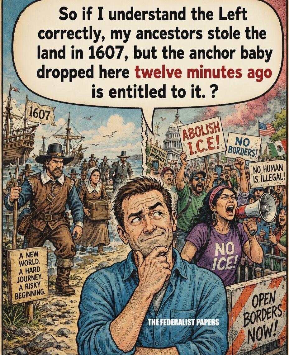 So if I understand the Left correctly, my ancestors stole the land in 1607, but the anchor baby dropped here twelve minutes ago is entitled to it. ? 1607 A NEW WORLD. A HARD JOURNEY. A RISKY BEGINNING. DEFEND MIGRANTS ABOLISH I.C.E.! NO BORDERS! NO HUMAN IS ILLEGAL! NO ICE! OPEN BORDERS NOW! THE FEDERALIST PAPERS