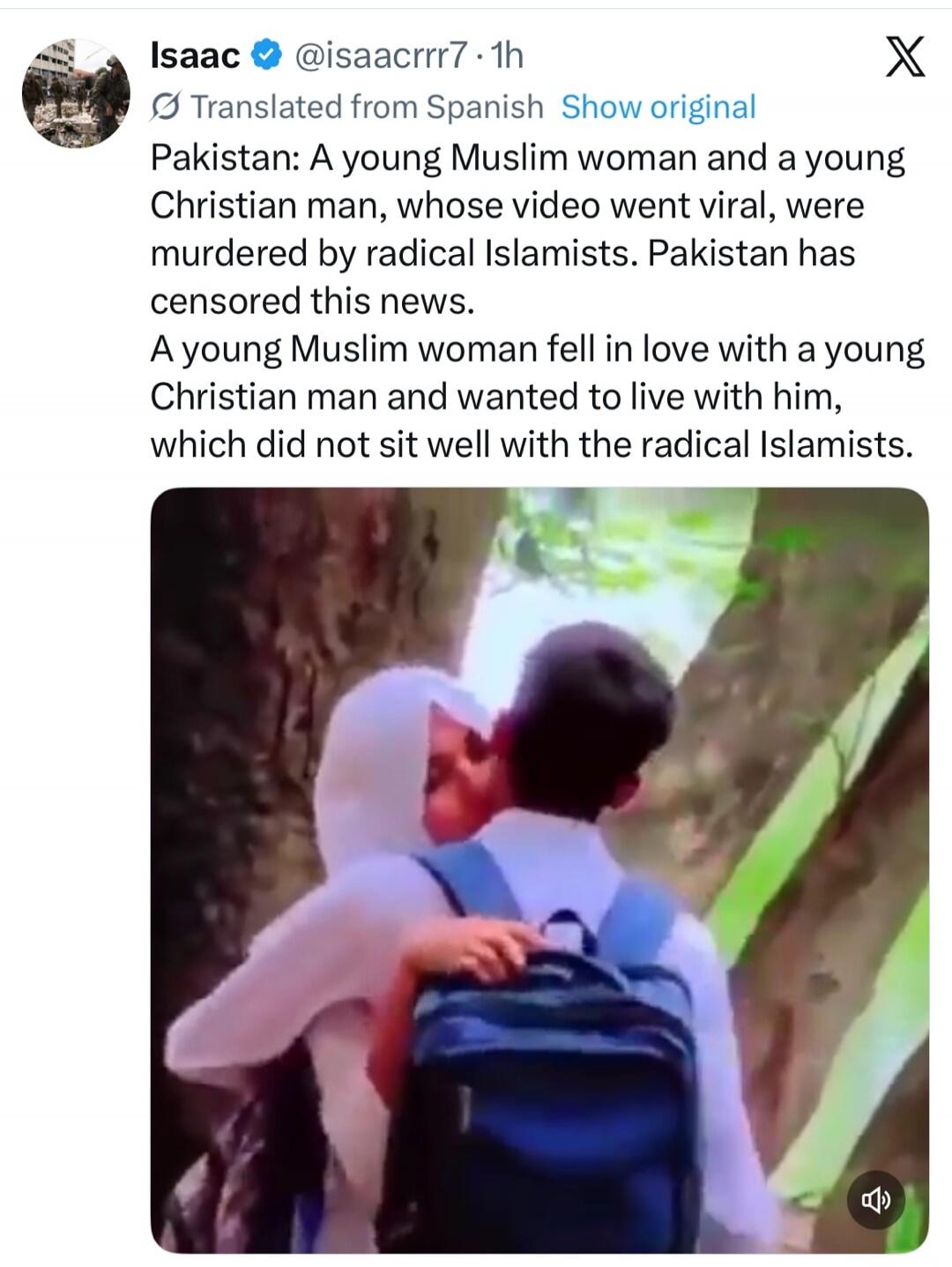 Pakistan: A young Muslim woman and a young Christian man, whose video went viral, were murdered by radical Islamists. Pakistan has censored this news. A young Muslim woman fell in love with a young Christian man and wanted to live with him, which did not sit well with the radical Islamists.