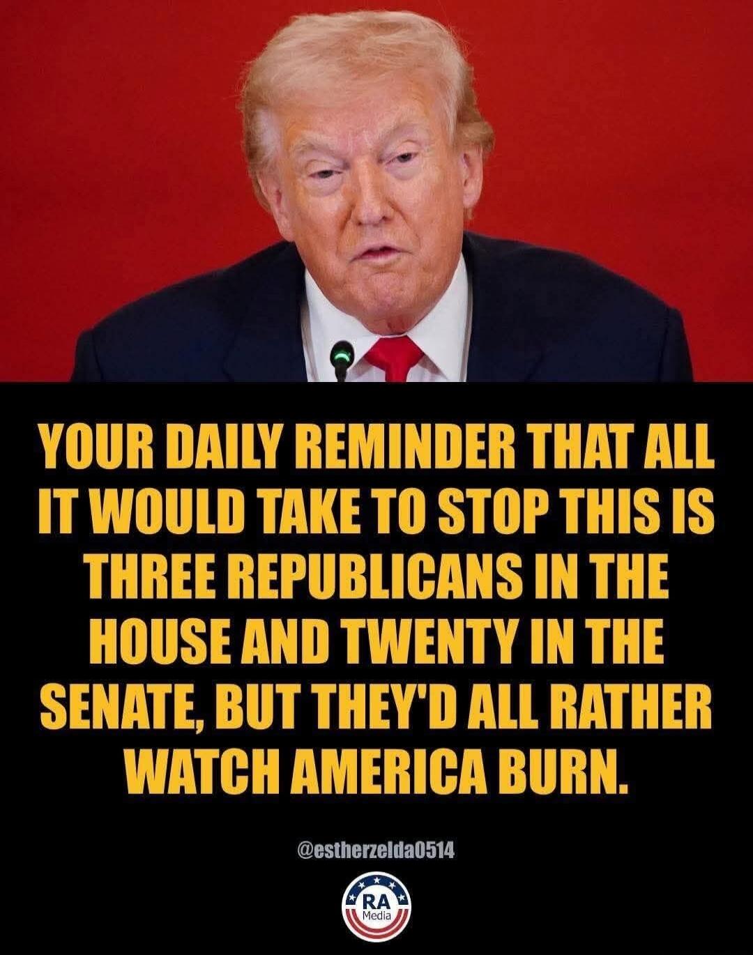 YOUR DAILY REMINDER THAT ALL IT WOULD TAKE TO STOP THIS IS THREE REPUBLICANS IN THE HOUSE AND TWENTY IN THE SENATE, BUT THEY'D ALL RATHER WATCH AMERICA BURN. @estherzelda0514 RA Media