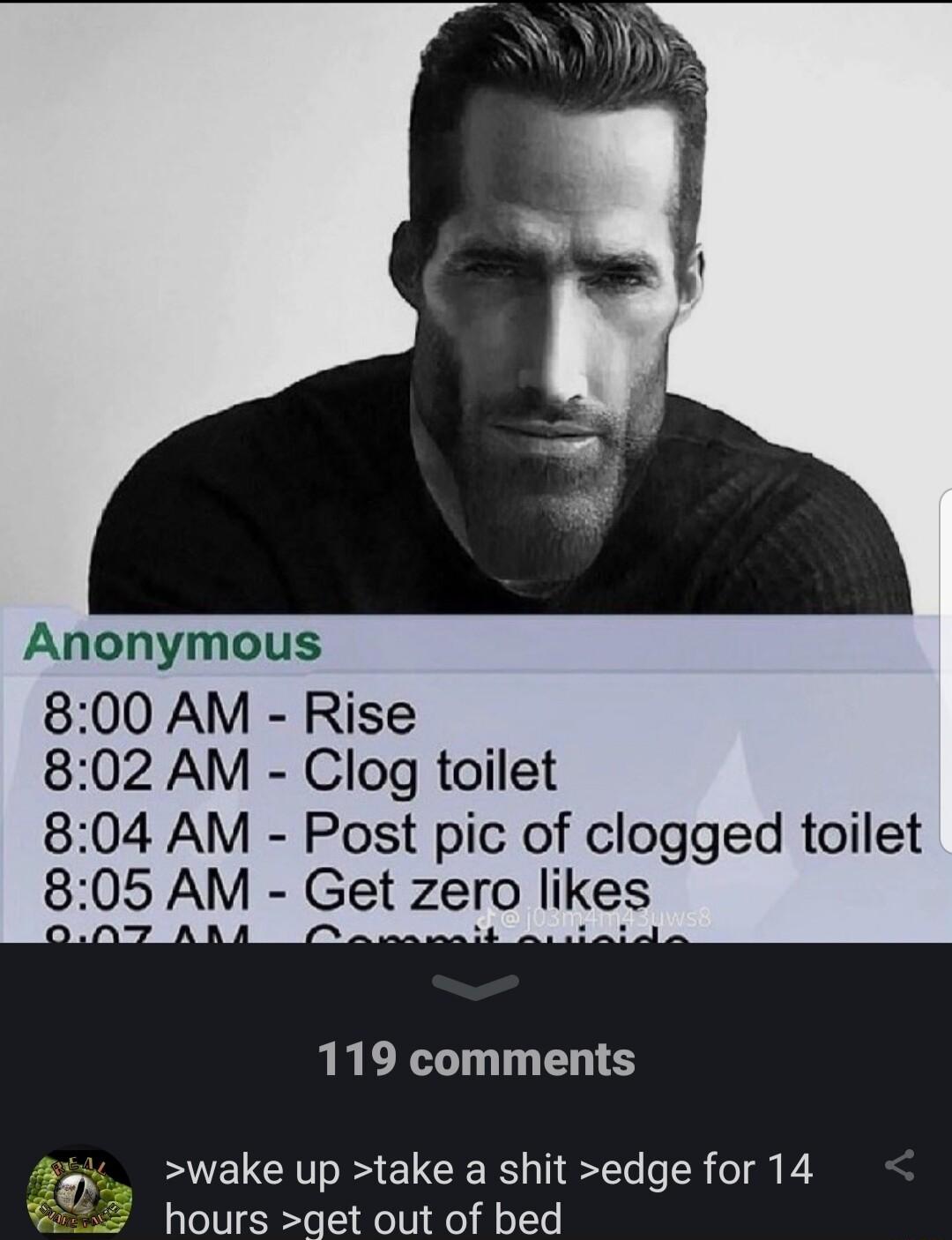 Anonymous 800 AM Rise 802 AM Clog toilet 804 AM Post pic of clogged toilet 805 AM Get zero likes 119 comments wake up take a shit edge for 14 hours get out of bed