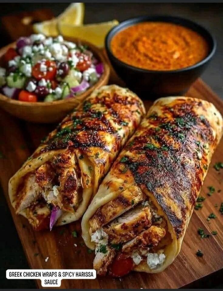 GREEK CHICKEN WRAPS & SPICY HARISSA SAUCE