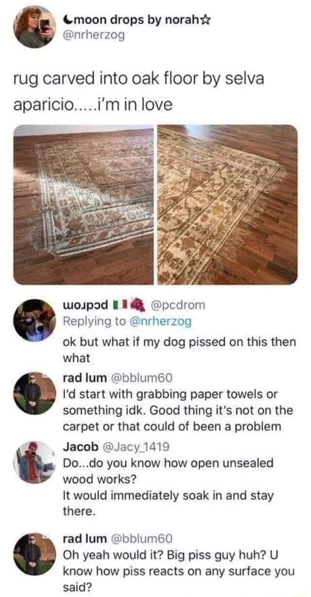 moon drops by norahr nrherzog rug carved into oak floor by selva aparicioimin love woupod R pcdrom Replying to nrherzog ok but what if my dog pissed on this then what rad lum bblum60 Id start with grabbing paper towels or something idk Good thing its not on the carpet or that could of been a problem Jacob Jacy 1419 Dodo you know how open unsealed wood works It would immediately soak in and stay th