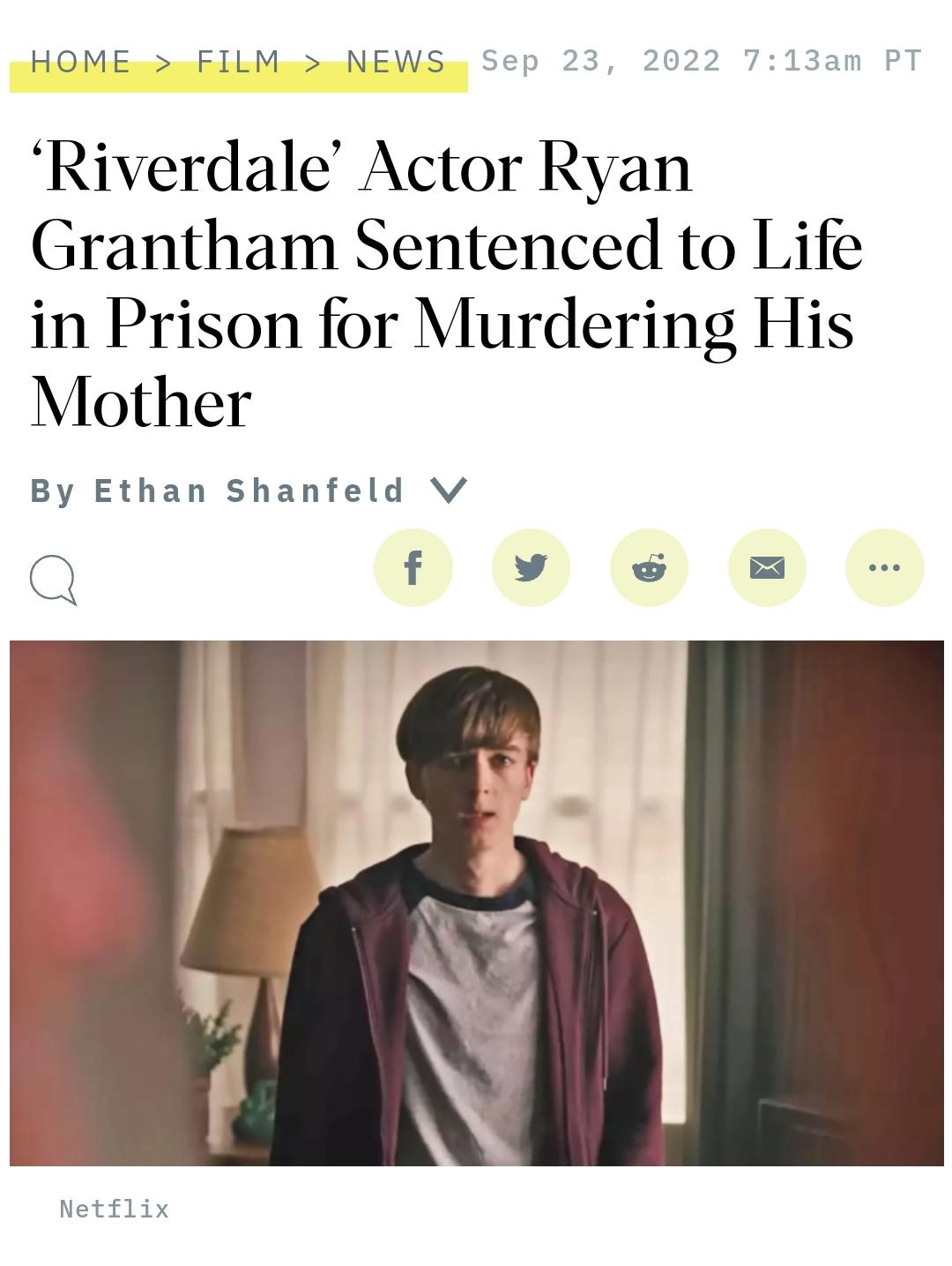 HOME FILM NEWS Riverdale Actor Ryan Grantham Sentenced to Life in Prison for Murdering His Mother By Ethan Shanfeld V Q f Listen to this article now 10 Trinity Audio ona7 0000 Popular on Variety Ryan Grantham a Canadian actor whose