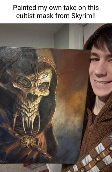Painted my own take on this cultist mask from Skyrim