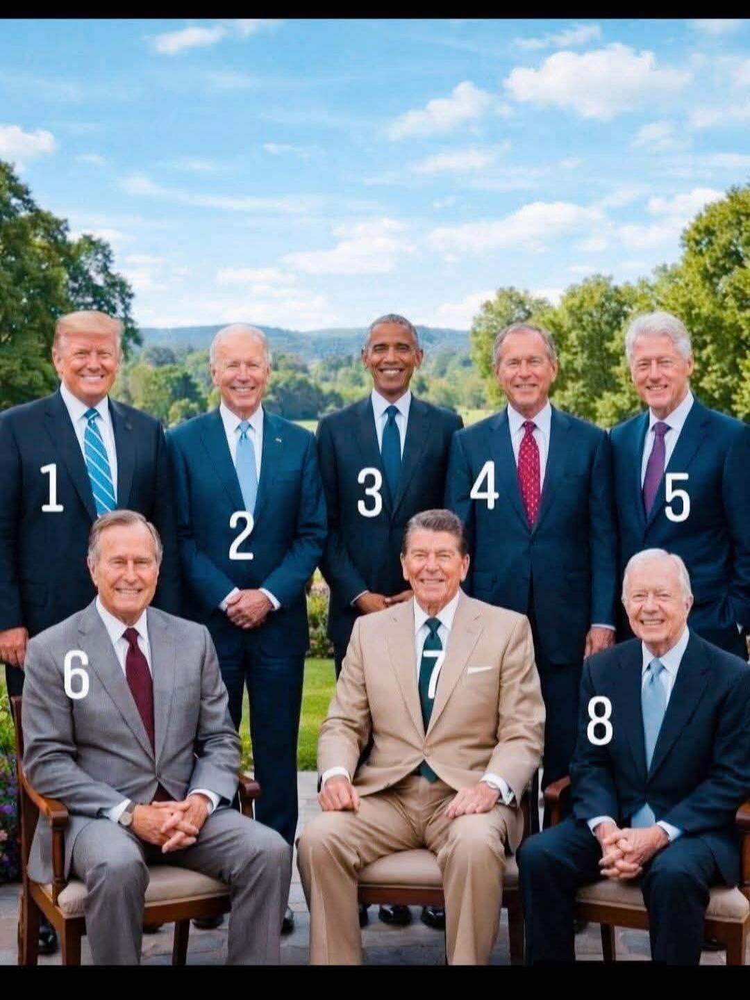 1 Donald Trump, 2 Joe Biden, 3 Barack Obama, 4 George W. Bush, 5 Bill Clinton, 6 George H.W. Bush, 7 Ronald Reagan, 8 Jimmy Carter
