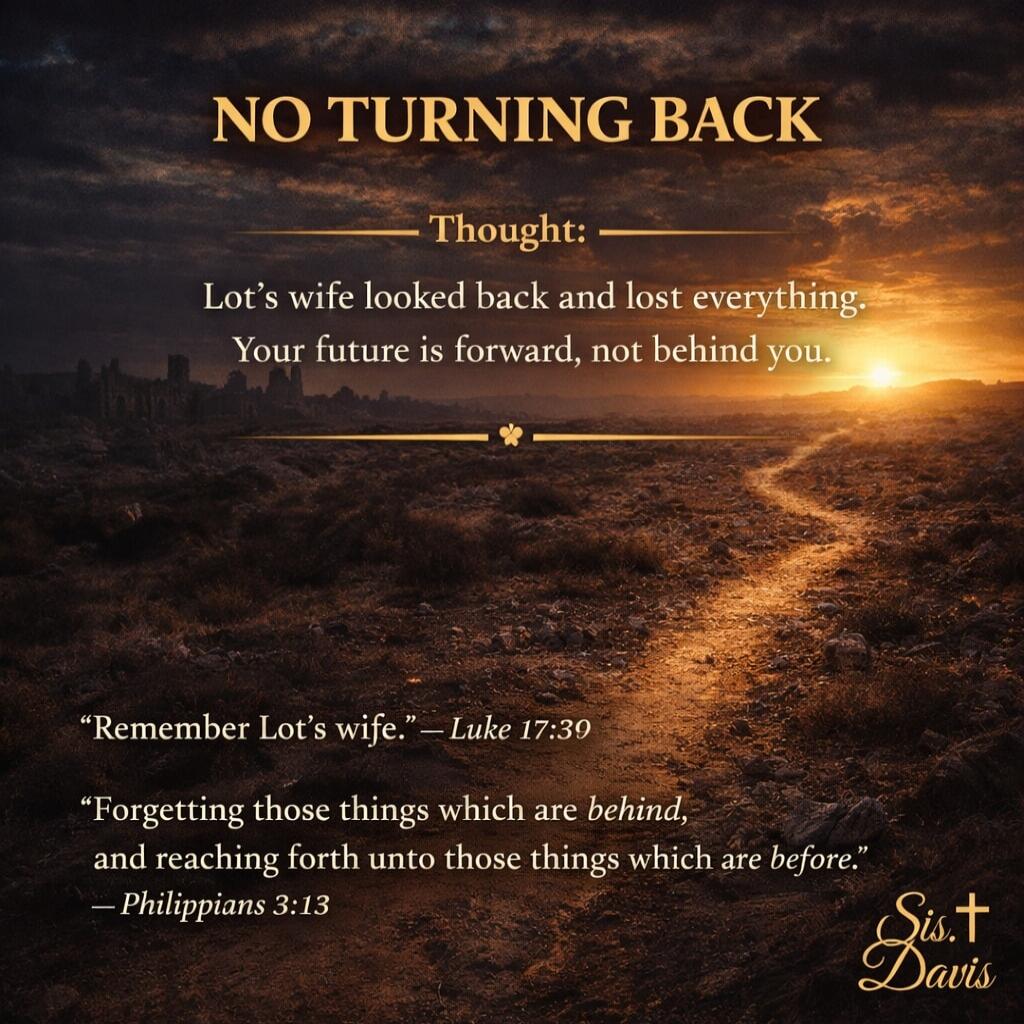 NO TURNING BACK
Thought:
Lot's wife looked back and lost everything.
Your future is forward, not behind you.

