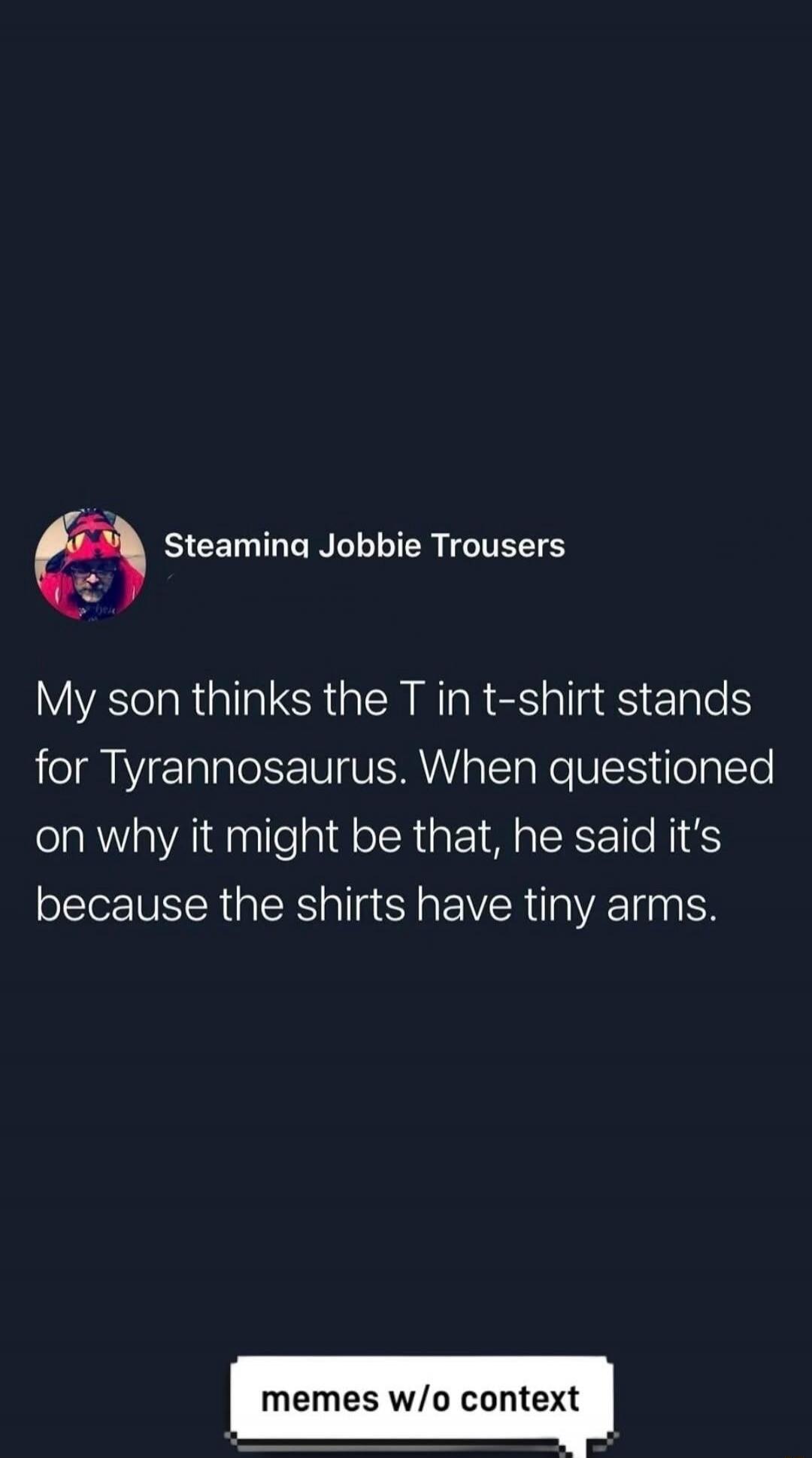 Steaming Jobbie Trousers. My son thinks the T in t-shirt stands for Tyrannosaurus. When questioned on why it might be that, he said it's because the shirts have tiny arms. memes w/o context