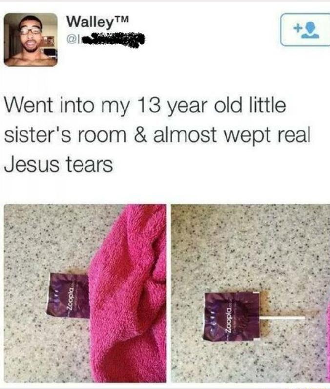 W Walley ez Went into my 13 year old little sisters room almost wept real Jesus tears