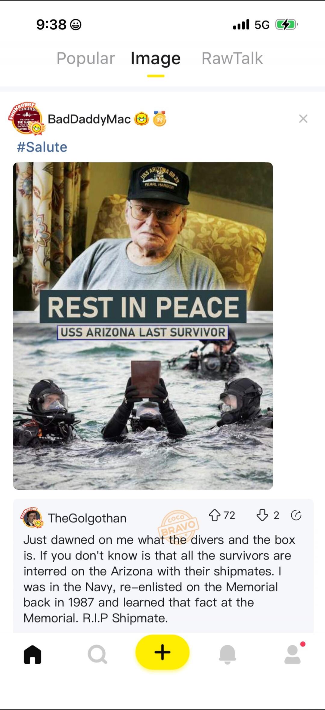 USS ARIZONA BB 39 PEARL HARBOR. REST IN PEACE USS ARIZONA LAST SURVIVOR. #Salute. Just dawned on me what the divers and the box is. If you don't know is that all the survivors are interred on the Arizona with their shipmates. I was in the Navy, re-enlisted on the Memorial back in 1987 and learned that fact at the Memorial. R.I.P Shipmate.