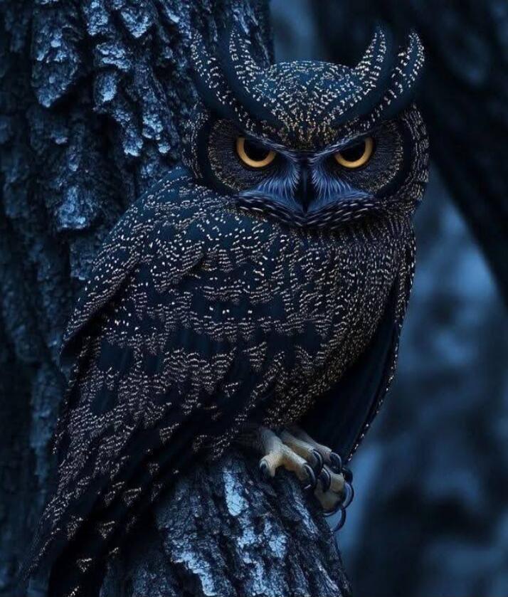 Owl perched on a tree trunk with piercing yellow eyes.